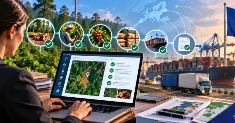 An importer at a laptop with a plot validation dashboard, a six-node ticked chain from timber and a farmer to coffee, bagged goods, shipping and a declaration, an EU map and the EU flag at a port