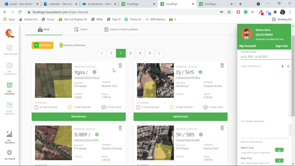 Platform screen listing farm plots with satellite boundary overlays, plot IDs, villages, farmers, crops, area and task status, with approved and pending-approval counts