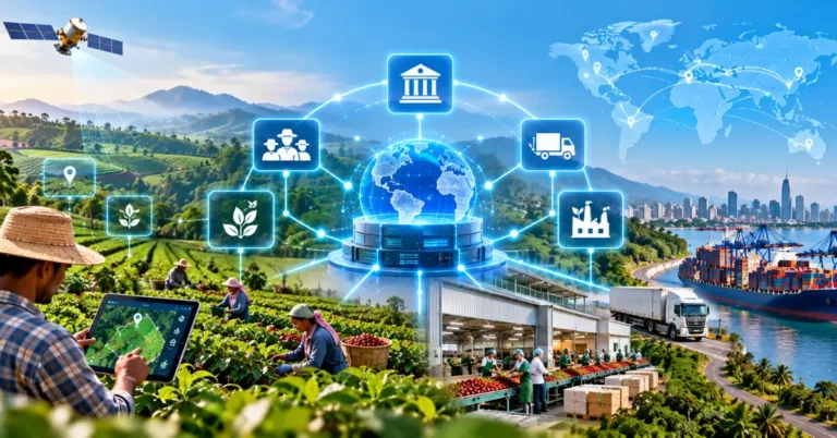 A central data hub connected to registry, farmer, crop, transport and factory nodes, with a satellite and plot-mapping tablet, farm fieldwork, a processing line and an export port