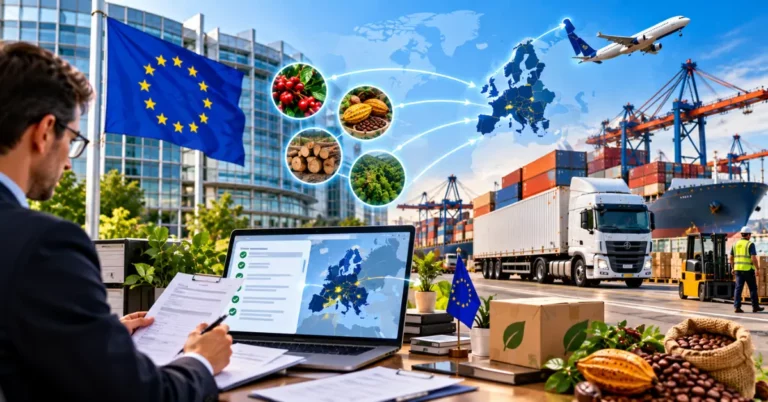 Coffee, cocoa and timber commodities flowing toward the EU, with containers, a truck, port cranes and an air-freight plane, and an operator completing registration forms beside a verified checklist and EU map