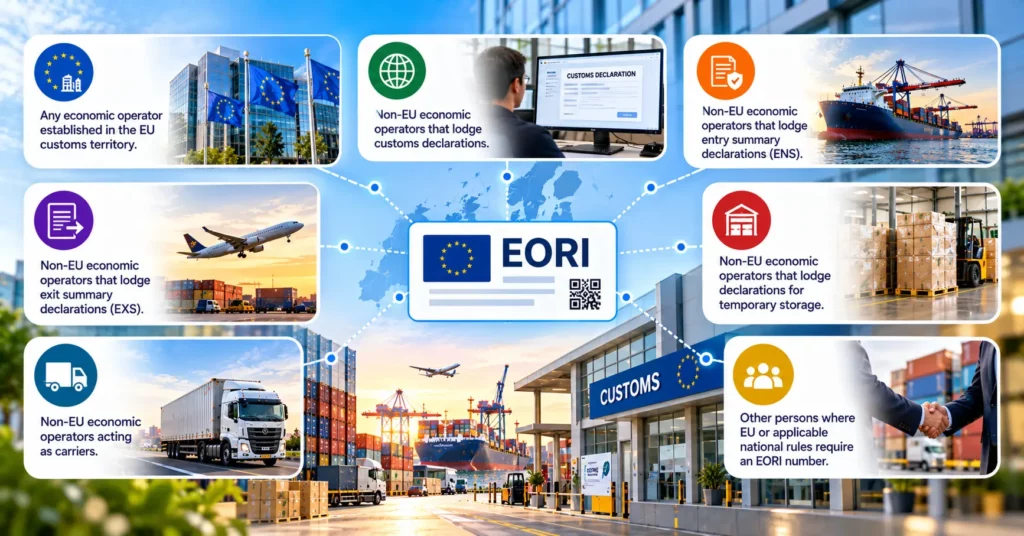 Seven categories of persons who may need an EORI number arranged around a central EORI card: EU-established operators, non-EU operators lodging customs declarations, ENS, EXS, temporary storage declarations, carriers, and other persons required by EU or national rules