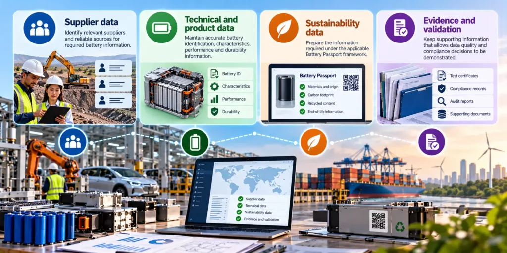 Four key Battery Passport data areas: supplier data, technical and product data, sustainability data, and evidence and validation, over mining, battery packs, a laptop dashboard and a port
