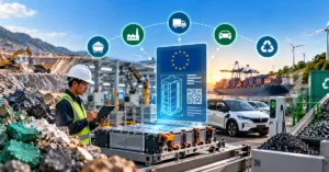 A mining scene with ore and an excavator, a battery pack under a holographic EU battery passport card with a QR code, and a lifecycle icon arc of mining, factory, transport, vehicle and recycling beside an EV charger, a port and a recycling bin