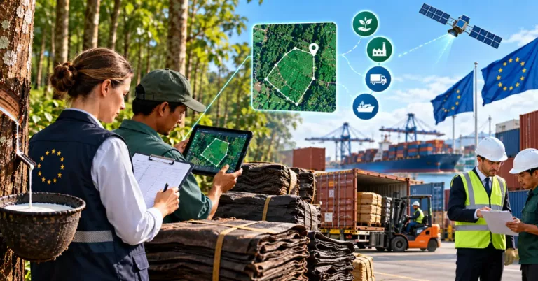 An EU inspector with a clipboard beside a field operator showing a plot polygon on a tablet, baled rubber, a satellite, officials inspecting a container at a port and an icon chain from source to ship