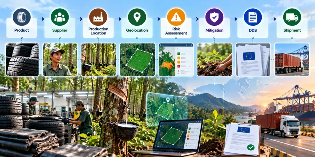 An eight-step product to shipment evidence chain: product, supplier, production location, geolocation, risk assessment, mitigation, due diligence statement and shipment, over tyres, rubber tapping, satellite plot checks, EU documents and a container truck