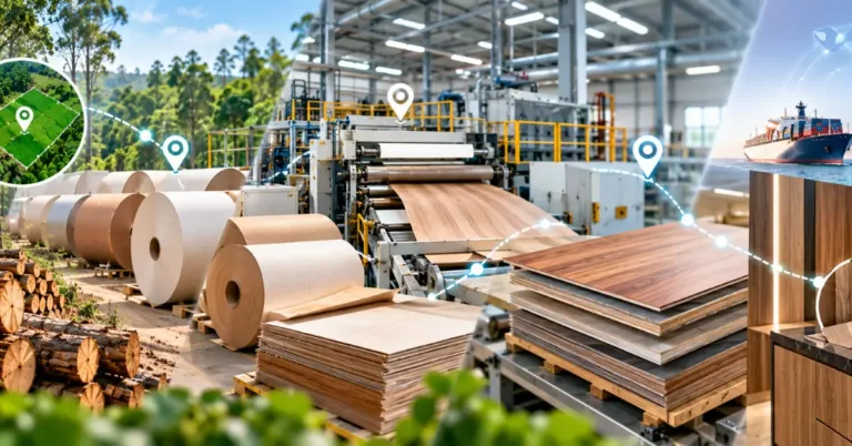 Plantation plots and logs, reels of kraft and decor paper, a laminate press line, stacked finished laminate sheets, a kitchen application and shipping to the EU, linked by location pins