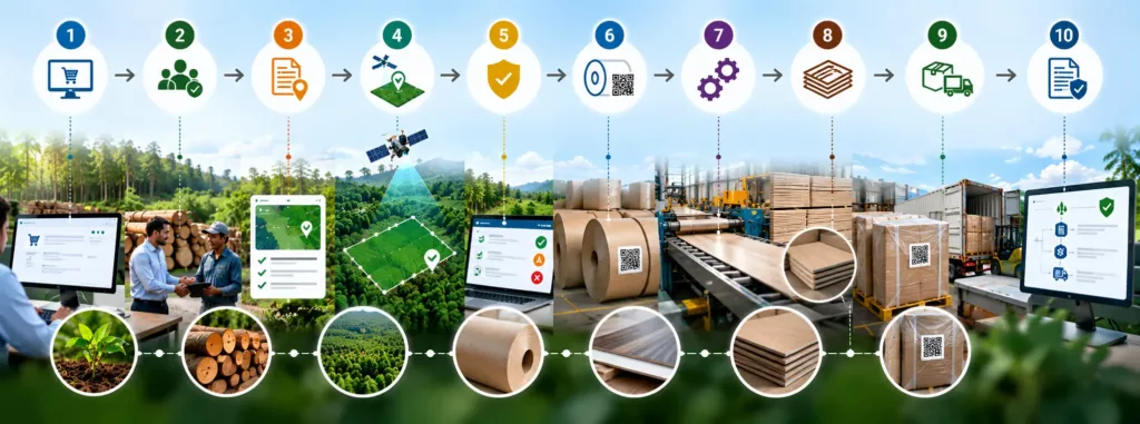 Ten numbered steps from purchase order and supplier onboarding through geolocation evidence, risk assessment, goods receipt batches, production mapping, segregation and customer shipment to an auditable record