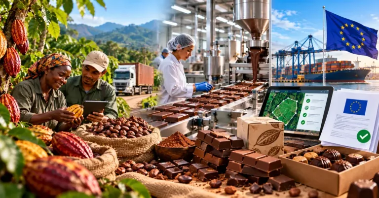 Cocoa pods and beans checked on a tablet at origin, a chocolate-moulding line, finished bars and pralines, a tablet with a mapped plot and verified checklist, an EU document with a checkmark and container shipping to the EU