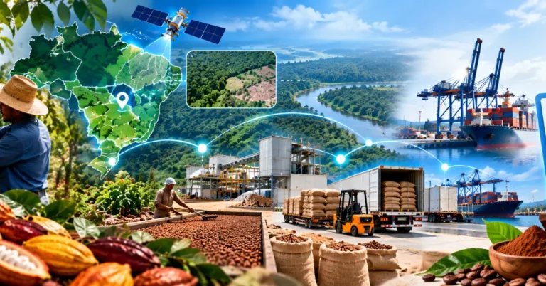 Brazil-shaped map with satellite deforestation monitoring, cocoa pods and drying beds, processing, export shipping, a verified EU checklist and chocolate and cocoa powder derivatives