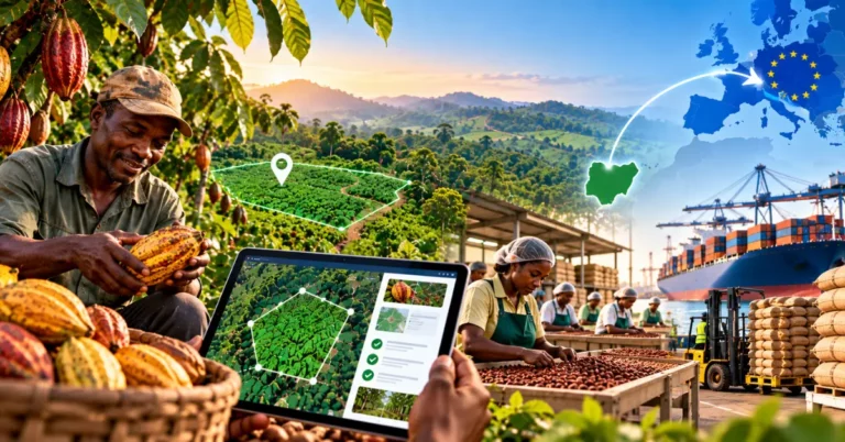 Nigeria-shaped map with a traced route to the EU, a farmer harvesting cocoa pods, a plot geolocation tablet, and cocoa processing workers with export packaging