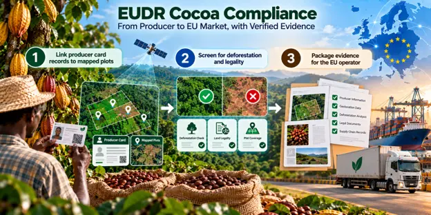 Three-step EUDR cocoa compliance workflow reused from a Cote d'Ivoire sibling article, showing a producer card, deforestation and legality screening, and packaged evidence for the EU operator