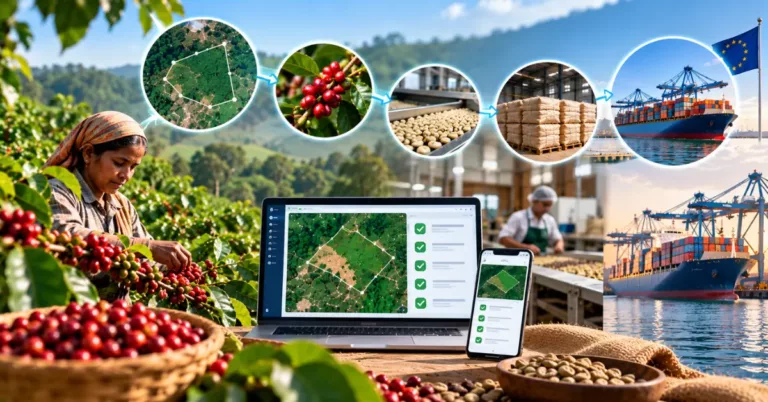 Coffee cherries picked on a hillside estate, a plot polygon, green beans drying at a curing works, bagged lots and EU-bound shipping, with a laptop and phone dashboard of verified plot checks