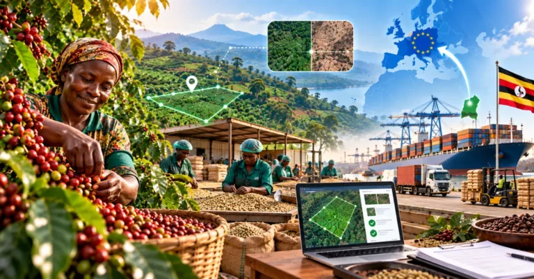 Ugandan coffee farmer harvesting cherries with a before/after deforestation comparison, a mapped plot polygon matching a laptop dashboard, processing workers, the Uganda flag and EU-bound shipping