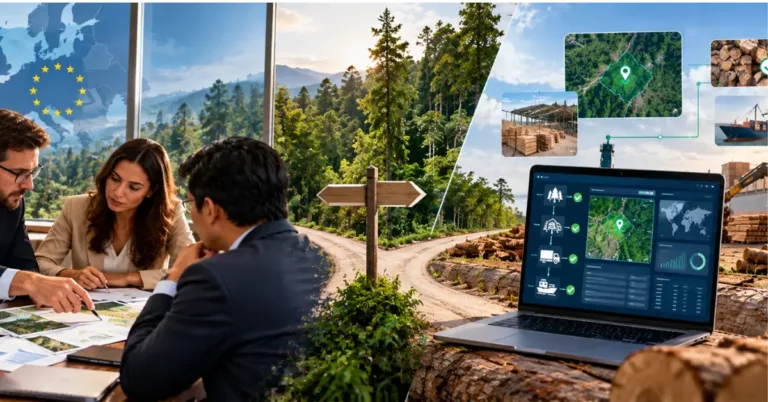 A split scene: three people in an advisory meeting over maps and reports in front of the EU map on one side, and a laptop dashboard of plot and chain checks beside logs and a port on the other, with a signpost at a forking path between them