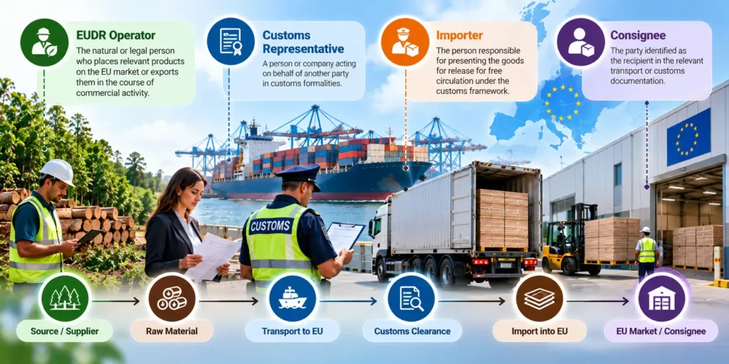 Four role definition boxes for EUDR operator, customs representative, importer and consignee above a chain from source and supplier through raw material, transport to the EU, customs clearance and import to the EU market and consignee