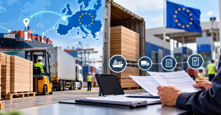 Stacks of timber being loaded into a container at a port, a ship, a forest-clearing inset with a location pin, a route to the EU map and an EU customs officer checking documents, with an icon chain from ship and truck to document and checklist