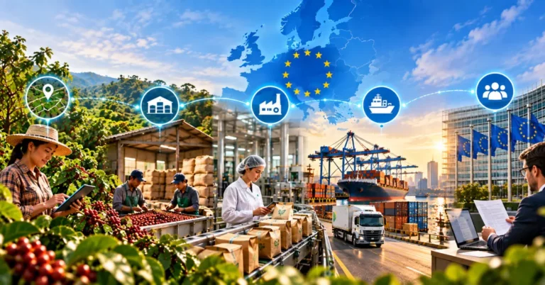 Five role icons for producer, collection point, processor, importer and downstream operator along a coffee farm to processing, port and EU institution chain