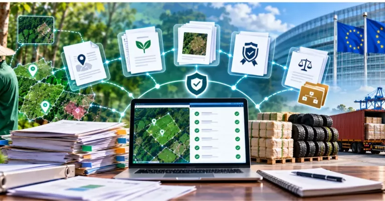 Floating geolocation, evidence, certificate and legal documents over a laptop with a verified checklist, stacks of binders, an archive folder, a rubber tapper, baled rubber and tyres and EU-bound shipping