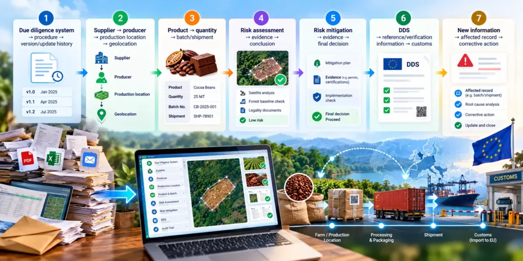 Seven panels of a connected EUDR record: due diligence system with version history, supplier to geolocation, product to batch and shipment, risk assessment, risk mitigation, DDS reference and verification information, and new information with corrective action