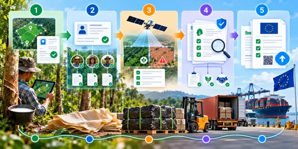 Five numbered panels from plot mapping and farmer evidence through satellite forest-loss screening and verification to an EU-ready, QR-coded evidence package, over rubber tapping, baled rubber and EU-bound shipping