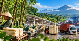 Rubber tapper in a conical hat, sheet rubber on a processing line, an Indonesian volcano and palm landscape, and a container port with pallets of baled rubber