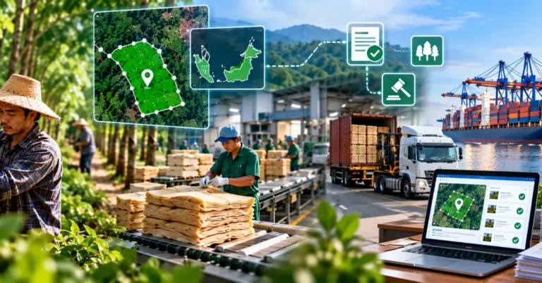 Rubber tapping, a mapped plot polygon beside a map of Peninsular and East Malaysia, sheet rubber processing, tyres, a verification dashboard, legality icons and EU-bound shipping