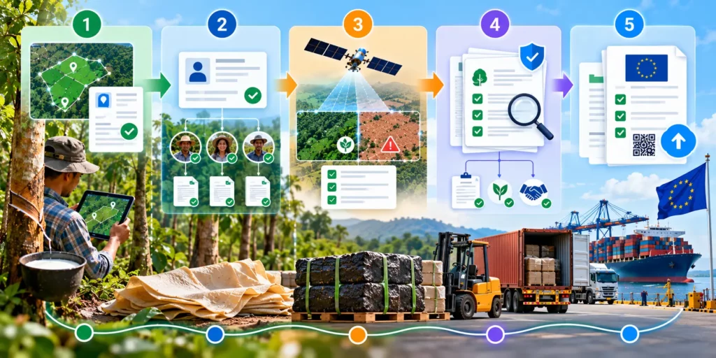 Five numbered steps for a Thai rubber exporter: map plots, capture evidence, screen against forest-loss data, verify and link records, and share an EU-ready package