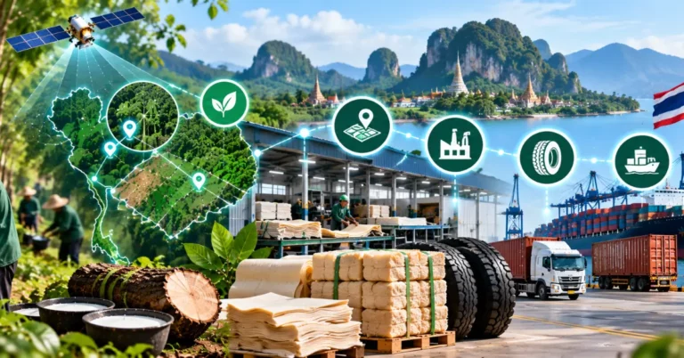 Rubber tapping with latex cups, a Thailand-shaped map with satellite-verified plots, rubber sheets and bales, tyres and EU-bound shipping, linked by a farm, plot, factory, tyre and ship icon chain