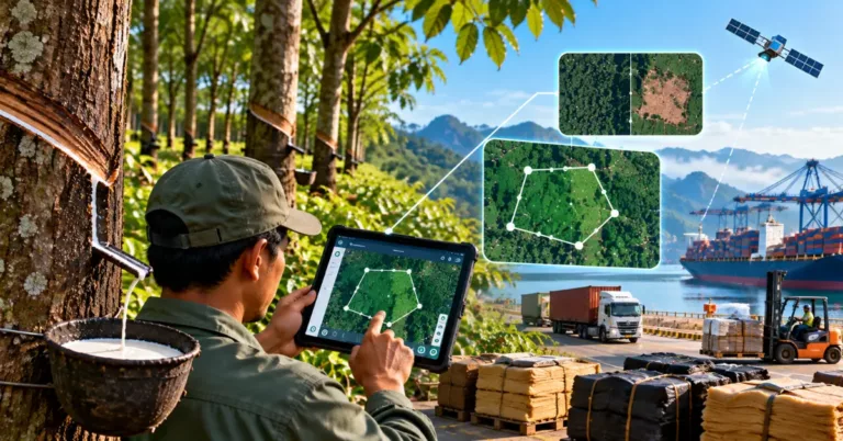 A rubber tapper beside a latex cup mapping a plot polygon on a rugged tablet, with matching satellite polygon and forest-clearing check views and bales of rubber at a container port