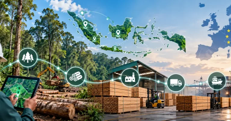 A map of the Indonesian archipelago with plot pins above a forester mapping a plot on a tablet, log loading, timber stacks and a port, linked by a forest, logs, mill, truck and ship icon chain to the EU map