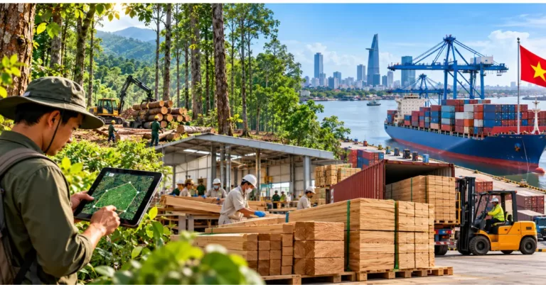 A forester drawing a plot polygon on a tablet, log loading from a plantation, a sawmill with workers, pallets of sawn timber and a container terminal with a ship and a Vietnamese flag over a city skyline