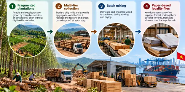 Four numbered gaps in a wood supply chain: fragmented plantations, multi-tier collection, batch mixing and paper-based legality files, over plantation, log trucks, a sawmill and a port with a Vietnamese flag