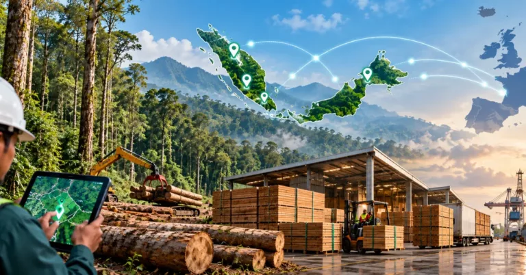 A map of Peninsular and East Malaysia with plot pins and routes to the EU, a forester mapping a plot on a tablet, log loading, timber stacks and a port with a ship
