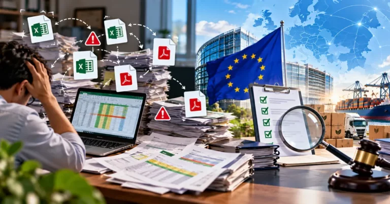 A stressed compliance manager surrounded by paper stacks and an Excel tracker, with floating Excel and PDF icons, warning triangles and tangled arrows, beside an EU flag, a checklist under a magnifying glass and a gavel