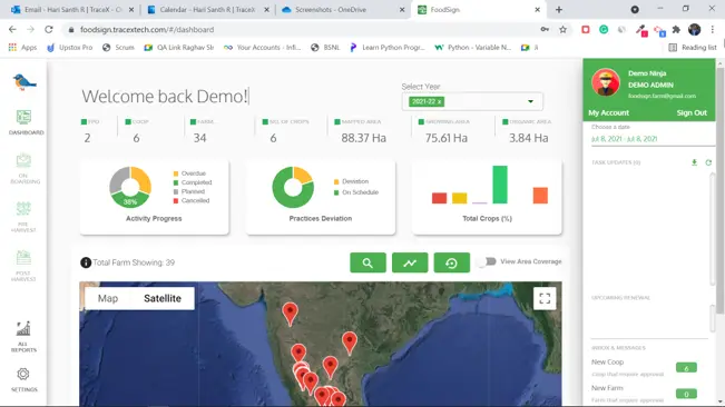 Platform dashboard showing counts of FPOs, cooperatives, farms and crops, mapped, growing and organic area in hectares, activity progress and practices deviation charts, and a satellite map of farm locations
