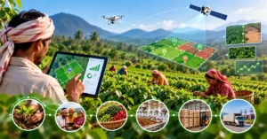 Farmer using a plot-mapping tablet dashboard with drone and satellite imagery of colour-coded plots above a six-stage chain from planting and farmer groups to harvest, processing, warehouse and transport