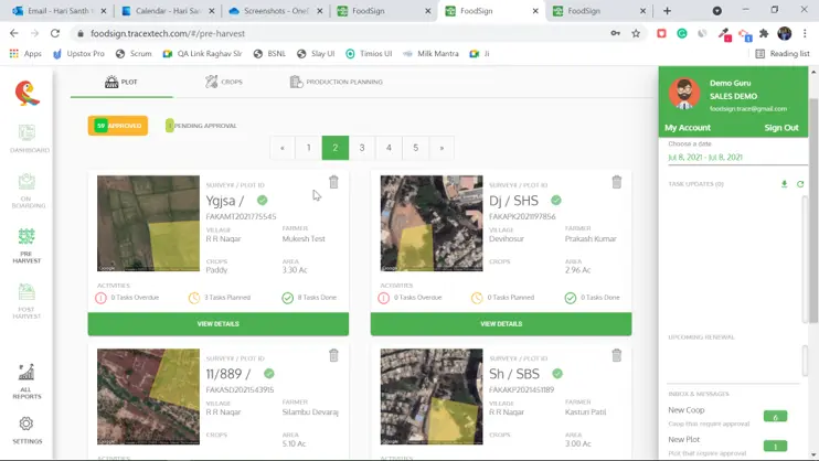 Web platform screen listing farm plots with satellite boundary overlays, survey or plot IDs, villages, farmers, crops, area and task status, with approved and pending-approval counts
