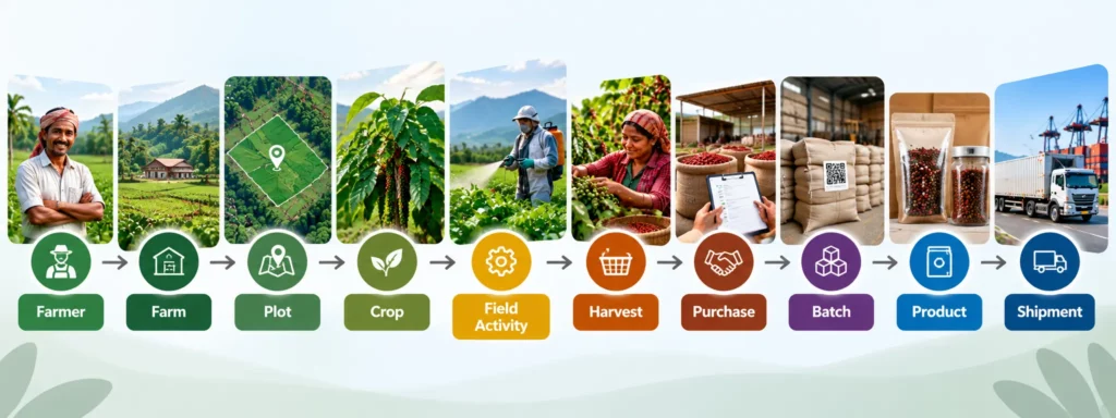 Ten-node digital chain: farmer, farm, plot, crop, field activity, harvest, purchase, batch, product, shipment
