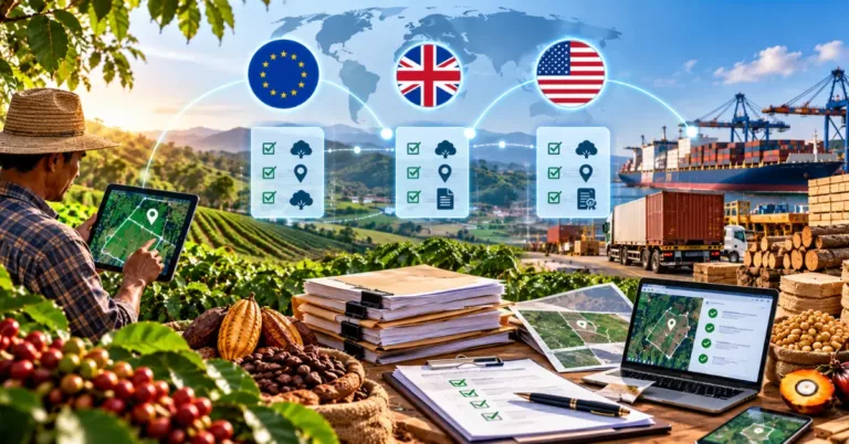 EU, UK and US flags each over a checklist card with tree, location and document icons, a farmer mapping a plot on a tablet, coffee, cocoa, soy, palm fruit and timber, stacked paper files and a laptop of verified plot checks beside container shipping