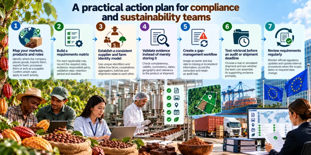 A seven-step action plan for compliance and sustainability teams: map markets, products and roles, build a requirements matrix, establish a supplier and farm identity model, validate evidence, create a gap-management workflow, test retrieval before an audit, and review requirements regularly
