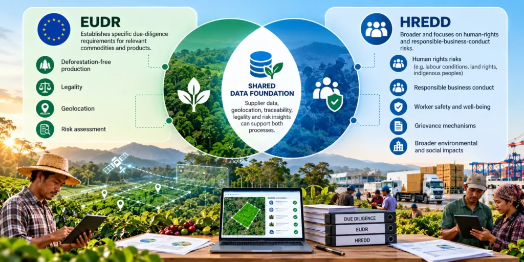 Venn diagram of EUDR (deforestation-free production, legality, geolocation, risk assessment) and HREDD (human rights, responsible business conduct, worker safety, grievance mechanisms) overlapping in a shared data foundation