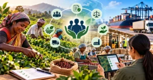 Farm and processing workers around a hands-holding-people icon ringed by labour, justice, land, environment, logistics and factory icons, with a verified checklist, a mapped-plot tablet and export shipping
