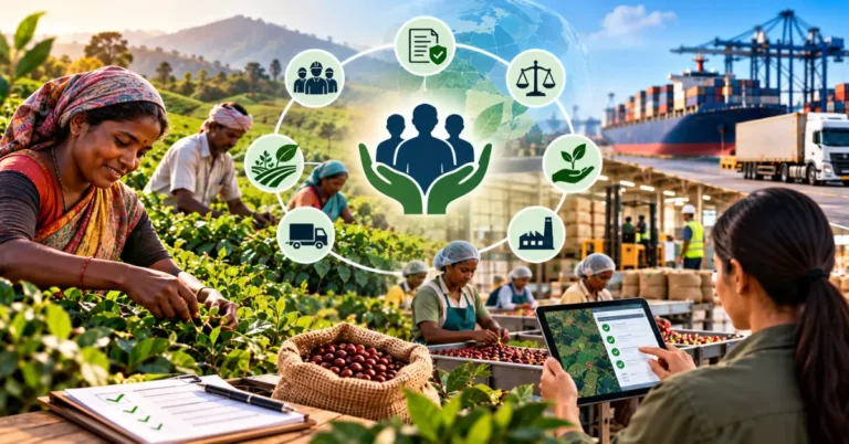 Farm and processing workers around a hands-holding-people icon ringed by labour, justice, land, environment, logistics and factory icons, with a verified checklist, a mapped-plot tablet and export shipping