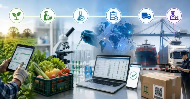 Farm data capture on a tablet, a produce crate, laboratory residue testing, a batch status table and a border officer beside a QR-labelled carton, linked by an icon chain from farm to border