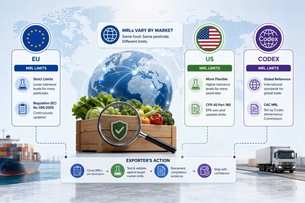 MRLs vary by market: same food, same pesticide, different limits, comparing EU Regulation (EC) 396/2005, US EPA tolerances under 40 CFR Part 180 and Codex MRLs, with a four-step exporter action