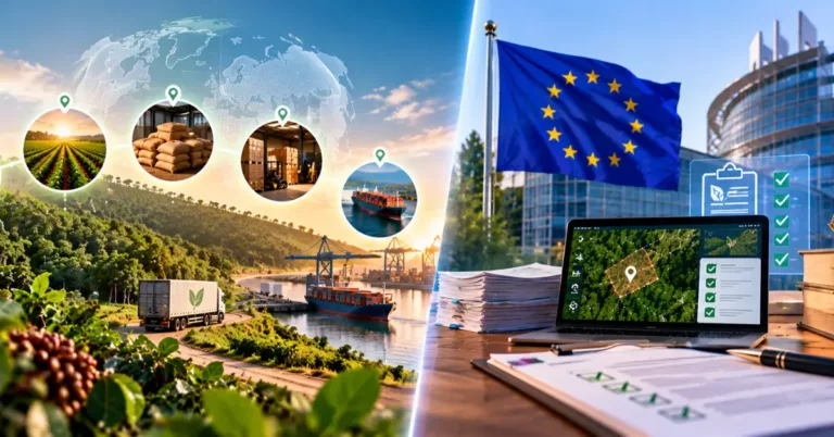 A split scene with the supply chain from coffee, field, bagged goods, warehouse and shipping on one side, and the EU Parliament, flag, scales of justice and a laptop of validated plots with a ticked checklist on the other